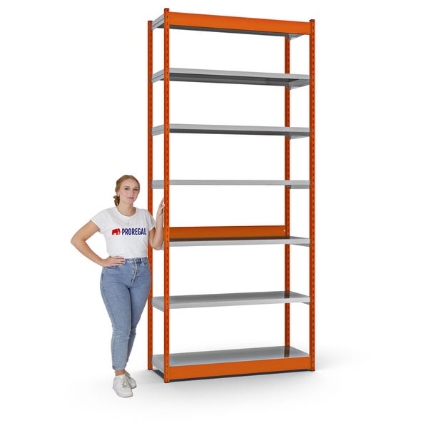 PROREGAL Fachbodenregal Stecksystem Vierkant-Profil Grundregal HxBxT 300 x 132,5 x 40 cm 7 Ebenen Einseitige Bauart Fachlast 200 kg Orange