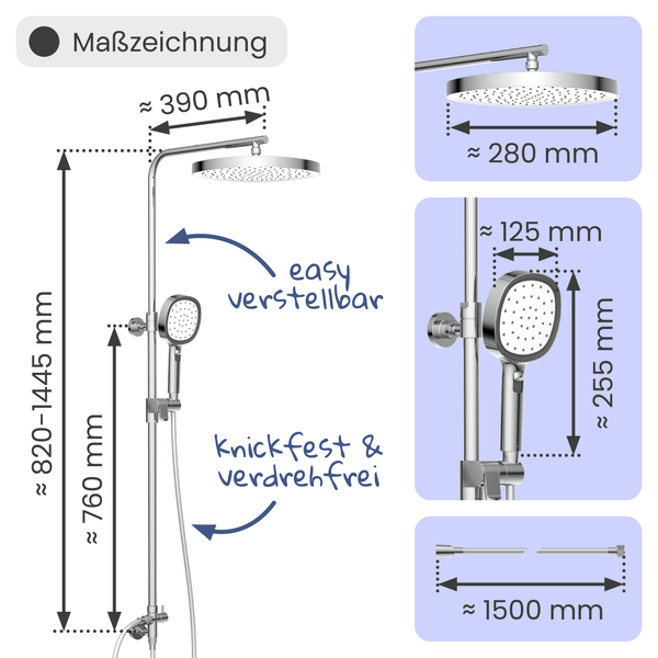 Maßzeichnung Duschsystem: Höhe circa 820 bis 1445 Millimeter, Kopfbrause 280 Millimeter, Schlauch knickfest und verdrehfrei 1500 Millimeter.