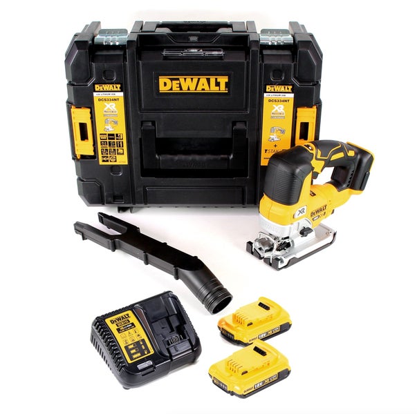 DeWalt Akku-Stichsäge-Set mit Koffer, Ladegerät, zwei 18-Volt-Akkus und Absaugadapter.
