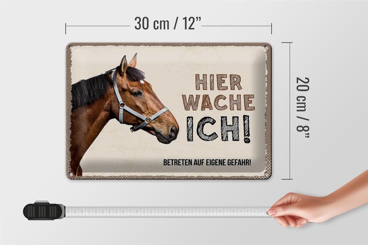 Blechschild Spruch 30x20cm Pferd links hier wache ich eigene Gefahr Schild