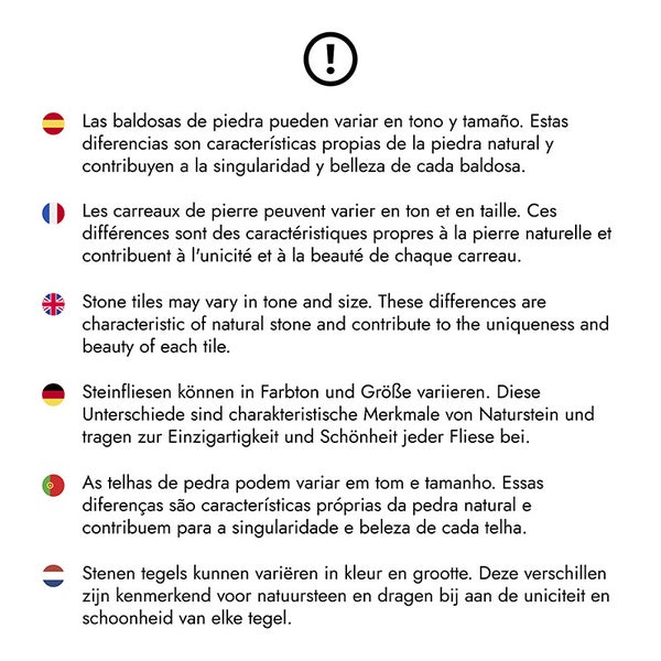 Hinweis zu Natursteinfliesen: Abweichungen in Farbe und Format sind naturgegeben und unterstreichen den individuellen Charakter der Fliesen.