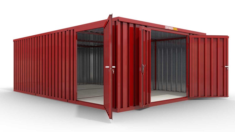 Lagercontainer Gerätehaus XL3  – 32 qm, H2150 x B5080 x T6520 mm, Außenwandlackierung RAL 3000 feuerrot, Dach außen verzinkt, mit Holzfußboden, 1830 mm Doppelflügeltür mittig in Stirnseite und 1270 mm Einflügeltür mittig in Modul C, montiert