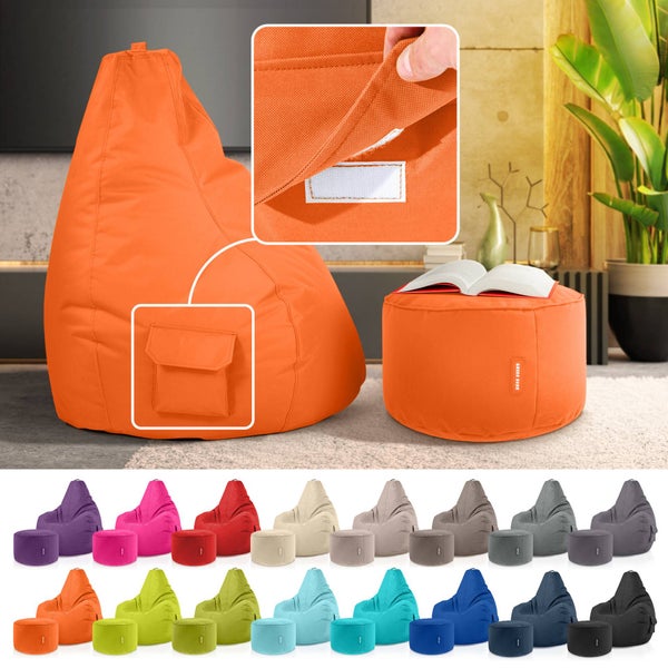 Green Bean 2er Set Sitzsack + Hocker - fertig befüllt - robust waschbar schmutzabweisend - Kinder & Erwachsene Bean Bag Bodenkissen Lounge Sitzhocker Relax-Sessel Gamer Gamingstuhl Pouf - Orange