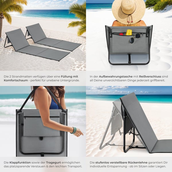 2er Set Strandmatte tectake Mina inkl. Aufbewahrungstasche stufenlos verstellbare Rückenlehne grau/blau