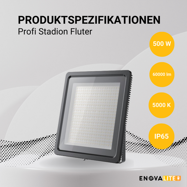 Profi Stadion Fluter Produktspezifikationen mit 500 Watt, 60000 Lumen, 5000 Kelvin und IP65 Schutzart.