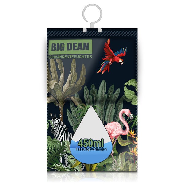 BIG DEAN Schrankentfeuchter zum Aufhängen, 450 Milliliter Fassungsvermögen, mit Dschungelmotiv.