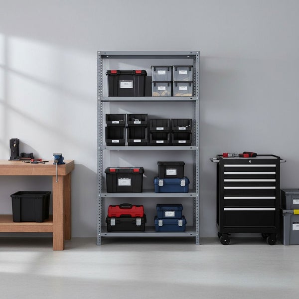 Hell und organisiert eingerichtete Werkstatt mit einem Metallregal, einer Holzwerkbank mit Schraubstock und einem fahrbaren Werkzeugwagen.