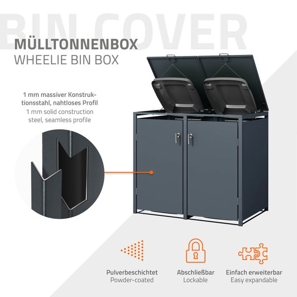 ML-Design Mülltonnenbox 2er für 2 Tonnen 240L 132x80x116,3 cm, Anthrazit, Stahl, wetterfest, Abschließbare Mülltonnenverkleidung mit Klappdeckel/2 Türen, Müllbox Mülltonnecontainer Mülltonnenabdeckung