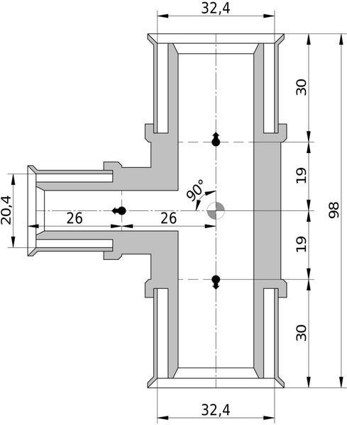Technische Zeichnung eines T-Stücks mit Maßen 32,4 Millimeter Breite, 98 Millimeter Gesamthöhe und 90 Grad Winkel.