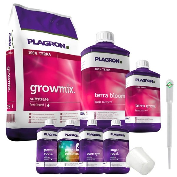 Plagron Growmix Erde-Set Big 50L – Komplettes Set mit Terra Grow & Bloom Dünger, Pure Enzym, Green Sensation, Sugar Royal, Power Roots – Für optimales Pflanzenwachstum & üppige Blüte