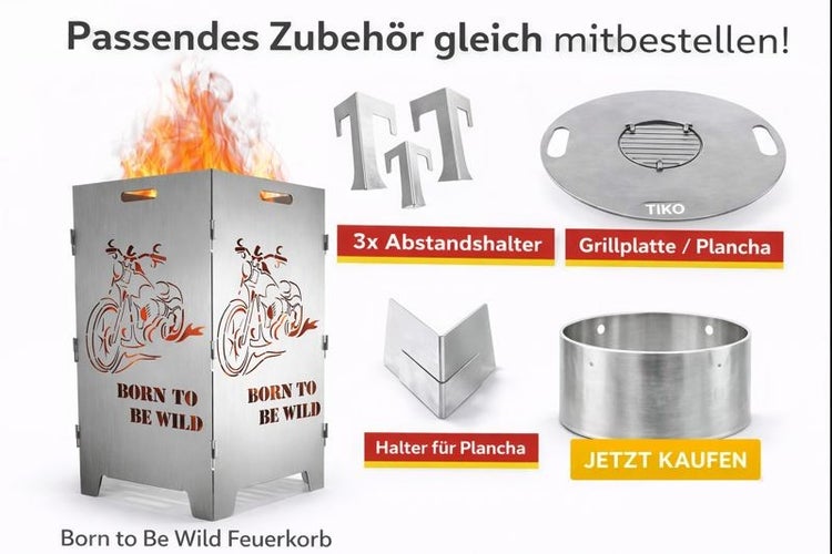 Born to Be Wild Feuerkorb mit Zubehör wie Grillplatte, Abstandshalter und Plancha-Halter