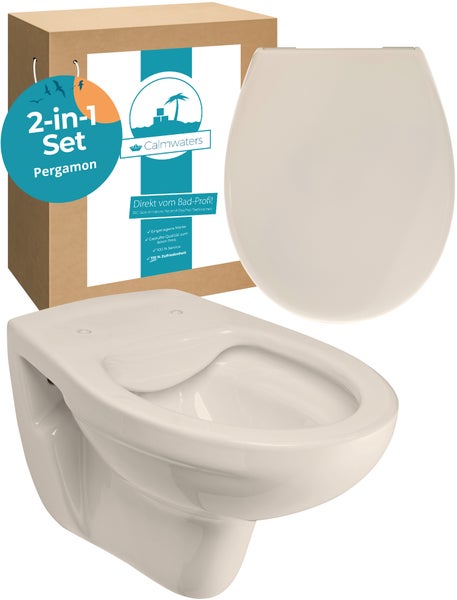 Calmwaters® Spülrandloses Hänge WC als Tiefspül WC im Komplett-Set mit Toilettendeckel mit Absenkautomatik in Pergamon Take-Off, 99000192