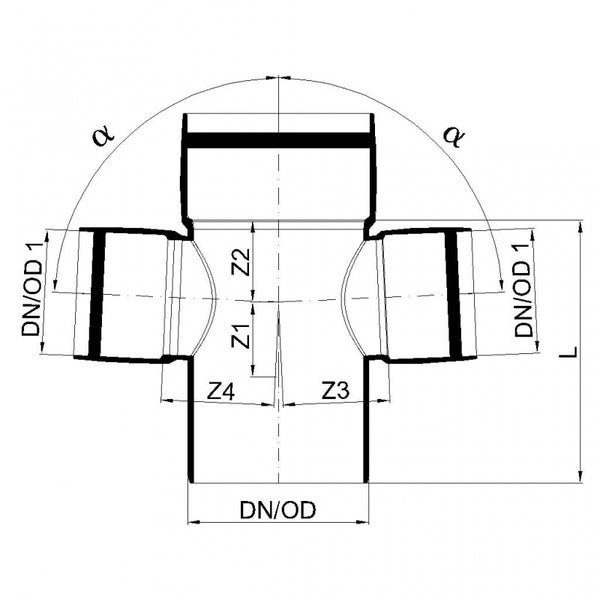 Technische Zeichnung eines Rohr-Doppelabzweigs mit Maßangaben für Durchmesser, Länge und Winkel.