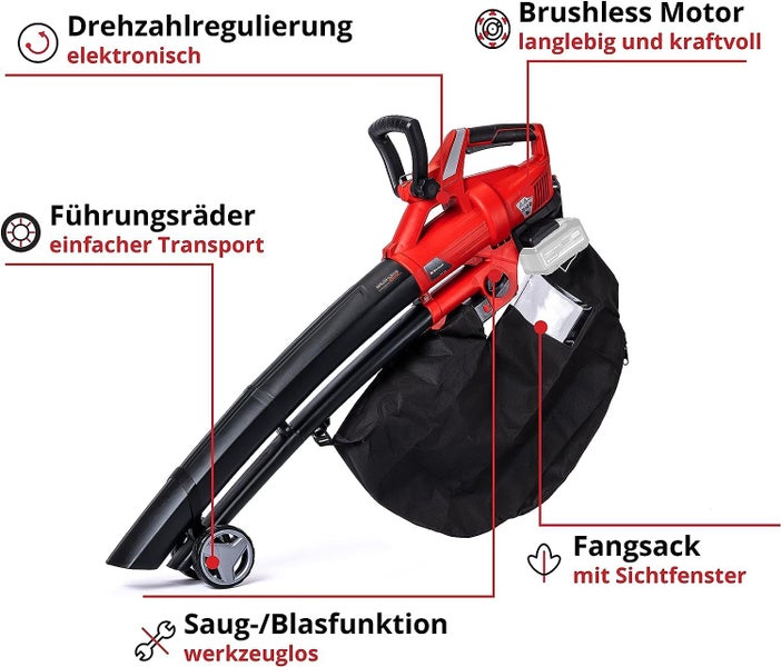 Akku Laubsauger und Laubbläser mit Brushless Motor, elektronischer Drehzahlregulierung, Führungsrädern, Fangsack mit Sichtfenster und Saugfunktion.