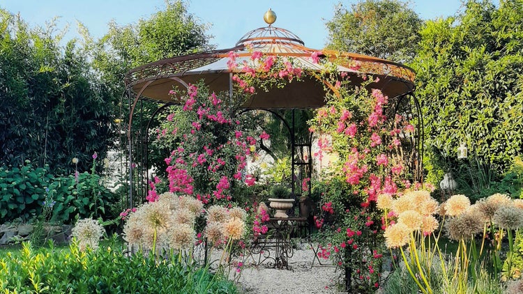 Pavillon ELEO Florenz Ø 3,7 m unbeschichtet - Edelrost | mit Dekorkugel und Sonnensegel ecru