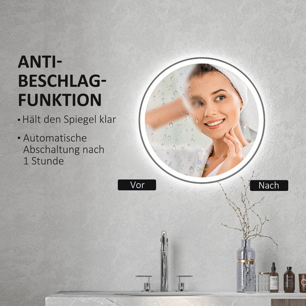 kleankin Badezimmerspiegel, Badspiegel mit LED Beleuchtung, Ø 60 cm Leuchtspiegel mit Touch-Funktion, Memory-Funktion, kein Beschlagen, Wandspiegel mit Alurahmen