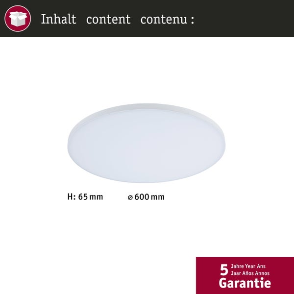 Runde Deckenleuchte, Höhe 65 Millimeter, Durchmesser 600 Millimeter, 5 Jahre Garantie.