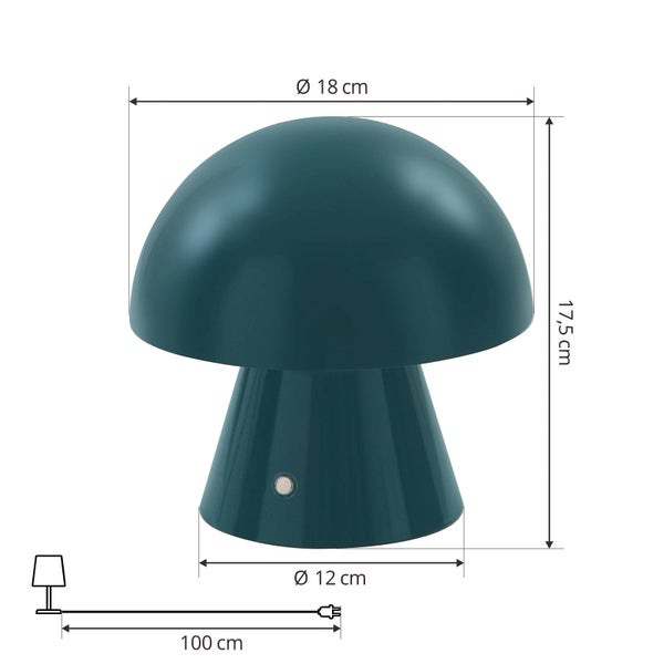 Pilzförmige Tischleuchte mit Abmessungen: Höhe 17,5 Zentimeter, Schirmdurchmesser 18 Zentimeter, Fußdurchmesser 12 Zentimeter, Kabel 100 Zentimeter.
