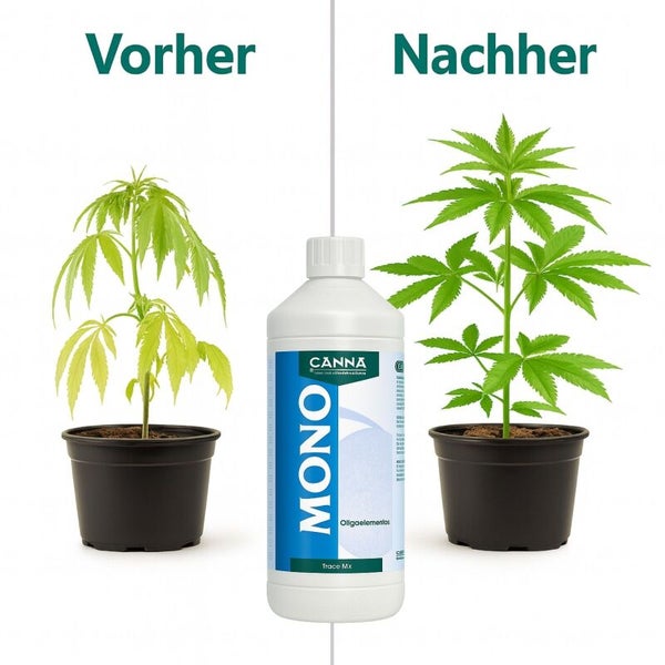 Canna Mono Spurenelemente Dünger Flasche mit Vorher Nachher Vergleich einer Pflanze zur Darstellung der Wirkung von Pflanzennährstoffen.
