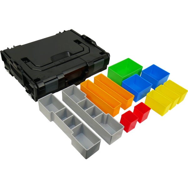 Schwarzer L-BOXX Systemkoffer aus Kunststoff mit einem Set verschiedenfarbiger Insetboxen für Kleinteile.