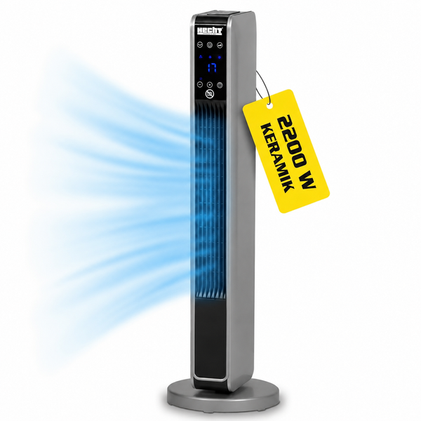Hecht Keramik-Turmheizgerät mit 2200 Watt, Digitalanzeige, Touch-Bedienfeld und Hecht Logo.
