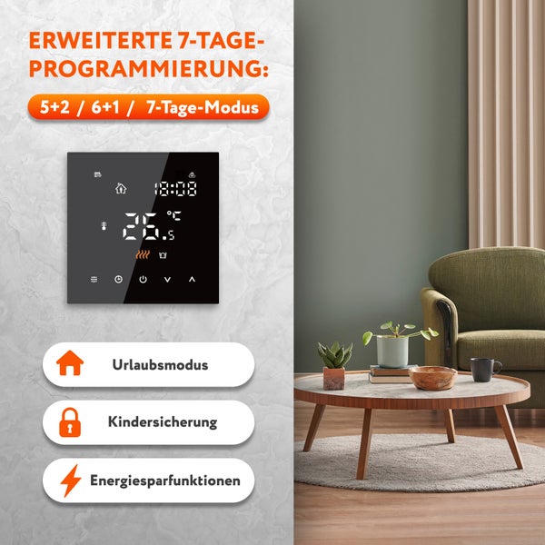 Programmierbarer Raumthermostat mit Urlaubsmodus, Kindersicherung und Energiesparfunktionen
