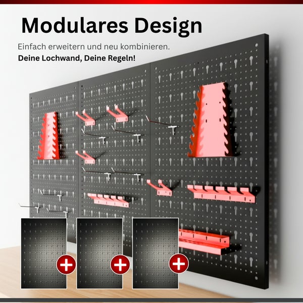 Organisierte schwarze modulare Lochwand aus Metall mit roten Werkzeughaltern und Haken, individuell erweiterbar durch zusätzliche Paneele.