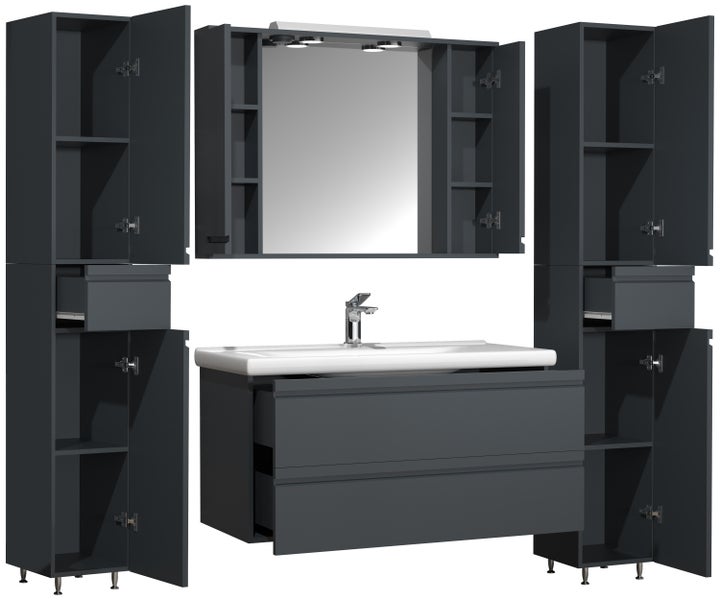 Komplette Badezimmereinrichtung mit Waschbeckenunterschrank, Waschtisch, Spiegelschrank und Hochschränken.