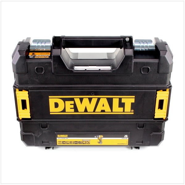 Schwarzer DeWALT TSTAK Werkzeugkoffer aus Kunststoff mit Metallverschlüssen und gelben Seitenclips.