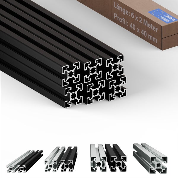 Schwarze Aluminiumprofile, 40 x 40 Millimeter, sechs mal zwei Meter, hergestellt in Europa