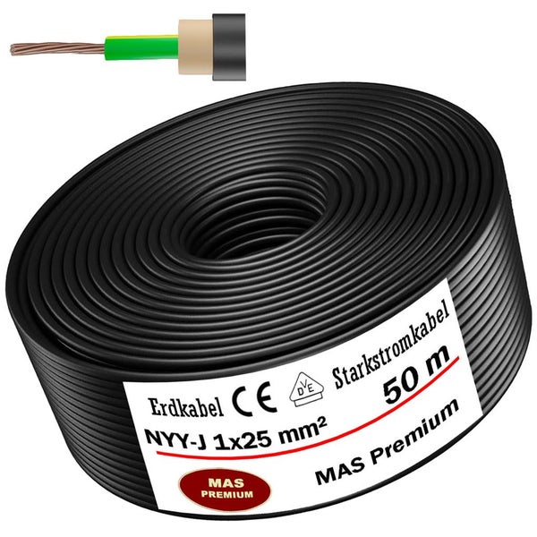 Erdkabel NYY-J 1 mal 25 Quadratmillimeter, 50 Meter Rolle, MAS Premium Starkstromkabel mit Kupferleiter.