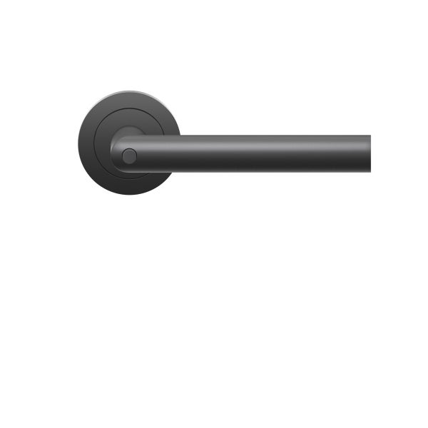 Moderner Türdrücker aus Metall auf Rundrosette mit matter Oberfläche.