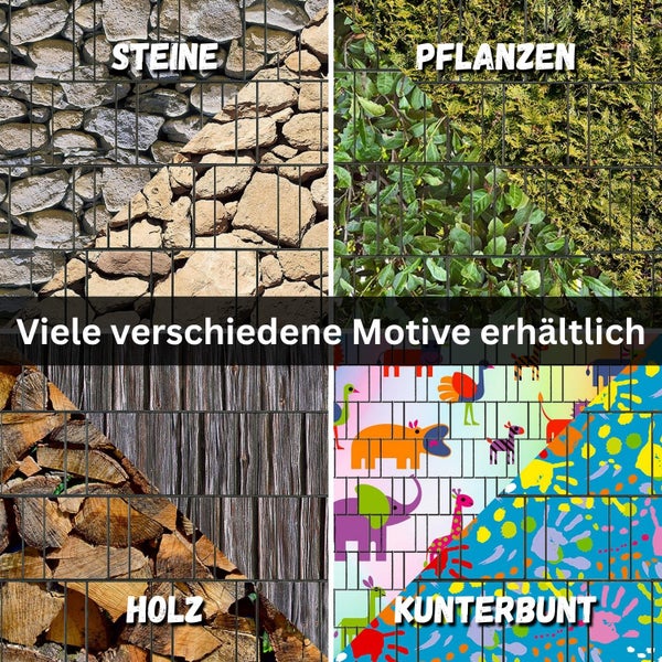 Motivübersicht für Zaunelemente mit Steine-, Pflanzen-, Holz- und kunterbuntem Design