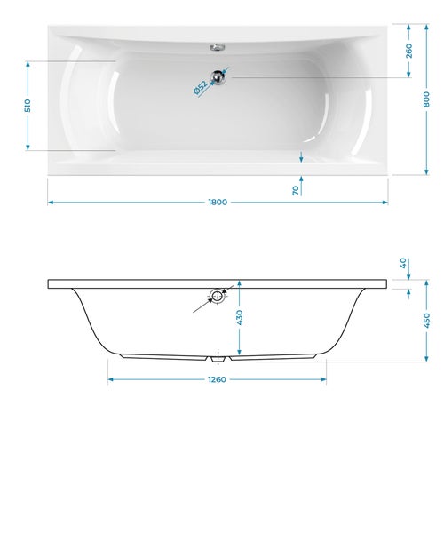 Technische Zeichnung einer rechteckigen Badewanne mit Maßangaben: Länge 1800 Millimeter, Breite 800 Millimeter und Tiefe 450 Millimeter.