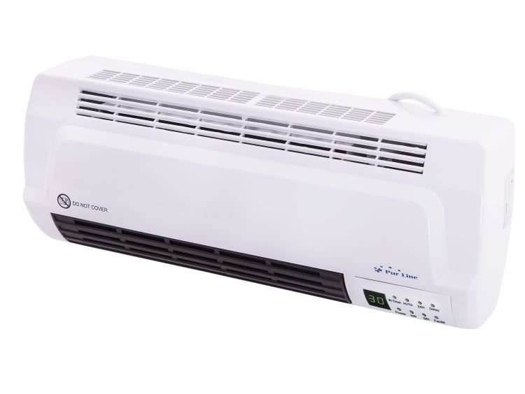 Weißer Wandheizlüfter mit digitaler Anzeige und 'Nicht abdecken' Symbol