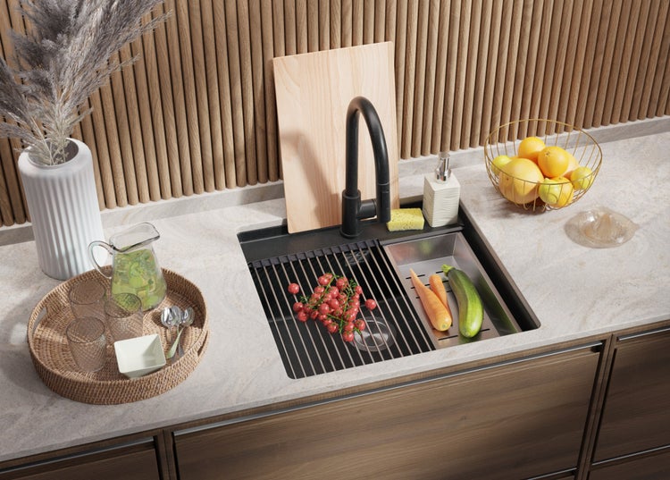 PRIMAGRAN Unterbauspüle Granit Alles Weiß 46x47cm, Spülbecken 1 Becken + Ablauf-Set + Aufrollbare Abtropffläche, Granitspüle ab 50er Unterschrank - Praga