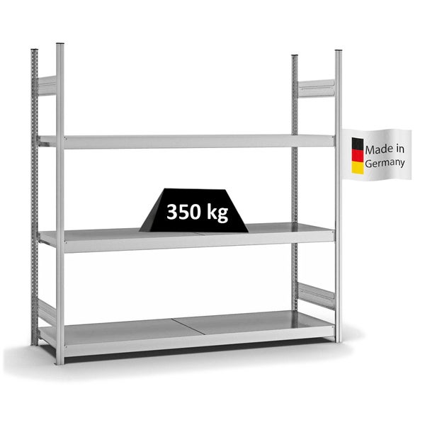 PROREGAL Weitspannregal Stecksystem T-Profil Grundregal HxBxT 200x200x50 cm 3 Ebenen Stahlplatten Fachboden Fachlast 350 kg Verzinkt