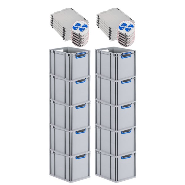 PROREGAL Spar Set 10x Eurobox Nextgen Color Mit Auflagedeckel & Schiebeschnappverschlüsse HxBxT 32 x 30 x 40 cm Griffe Blau Offen Glatter Boden