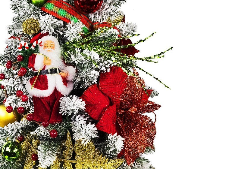 Weihnachtsbaumdekoration mit künstlich verschneiten Zweigen, Weihnachtsmannfigur, roten Weihnachtssternen und glitzernden Elementen.