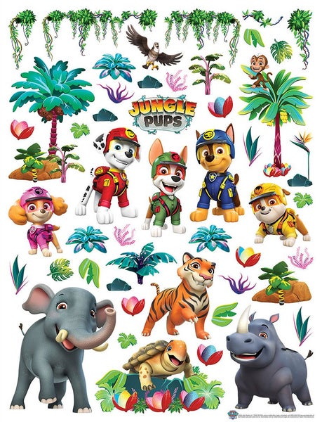 PAW Patrol Jungle Pups Wandsticker Set mit Marshall, Chase, Skye, Tracker, Rubble sowie Elefant, Tiger, Nashorn und Dschungelpflanzen.