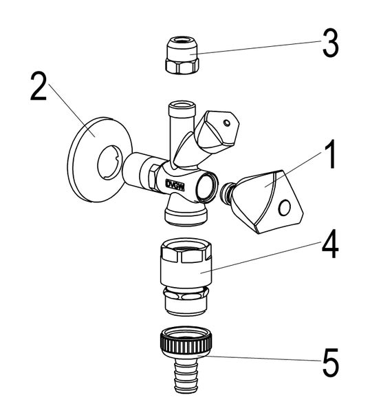 Explosionszeichnung eines kombinierten Eckventils mit nummerierten Einzelteilen für die Montage.