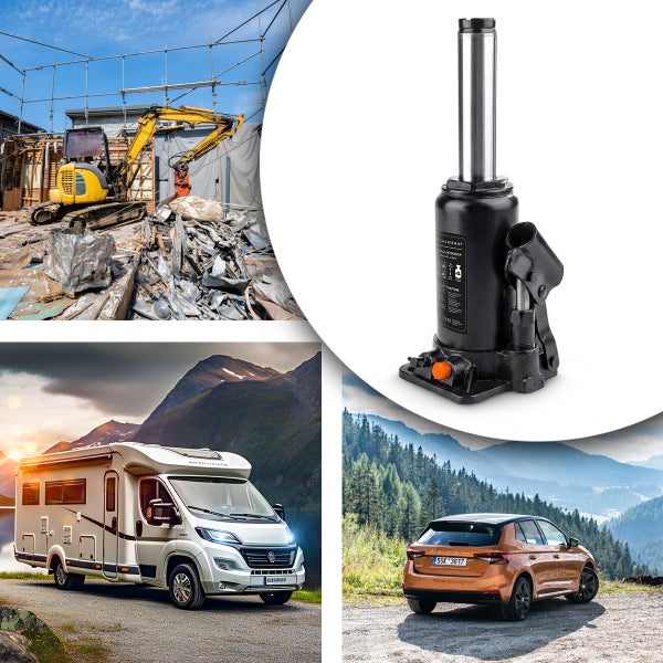 Hydraulischer Stempelwagenheber neben Einsatzbeispielen an einem Bagger, einem Wohnmobil und einem Personenkraftwagen.