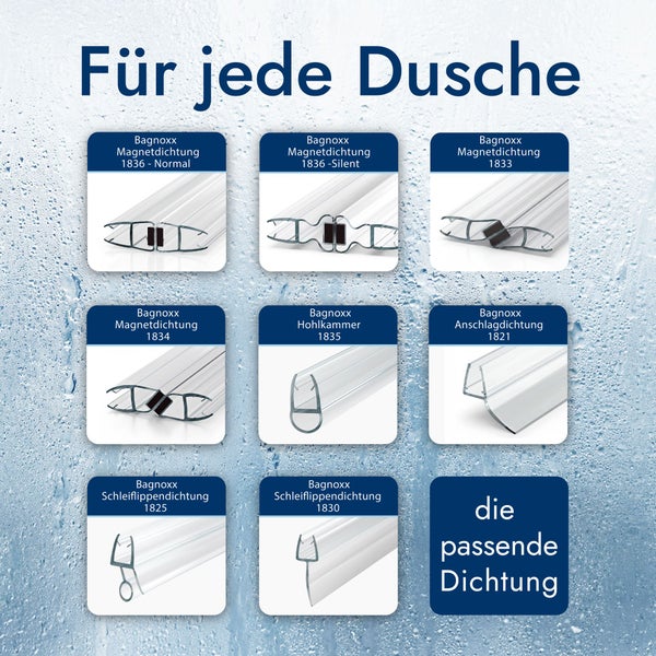 Übersicht verschiedener Bagnoxx Duschdichtungen: Magnetdichtungen, Hohlkammerprofile, Anschlagdichtungen und Schleiflippendichtungen für die Dusche.