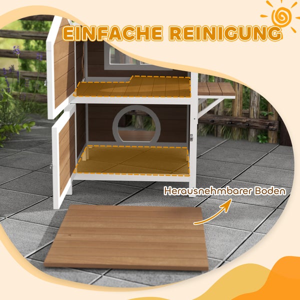 PawHut Katzenhaus aus Holz Katzenhöhle mit Fenster, Balkon, Wetterfest Katzenhütte mit 2 Ebenen, herausnehmbarem Boden, für 1-2 Katzen, Indoor, Outdoor, 66 x 66 x 90 cm, Braun