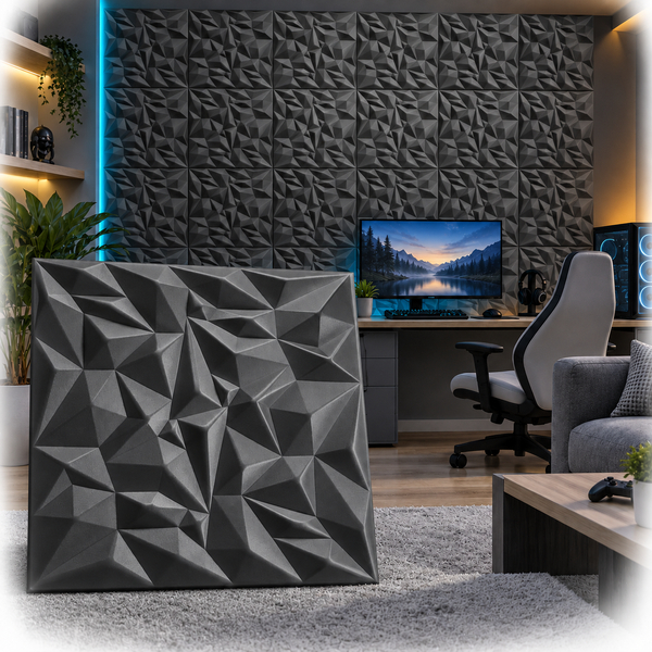 Wandpaneel mit dreidimensionalem geometrischem Muster in einem modernen Wohnzimmer als Akzentwand montiert.
