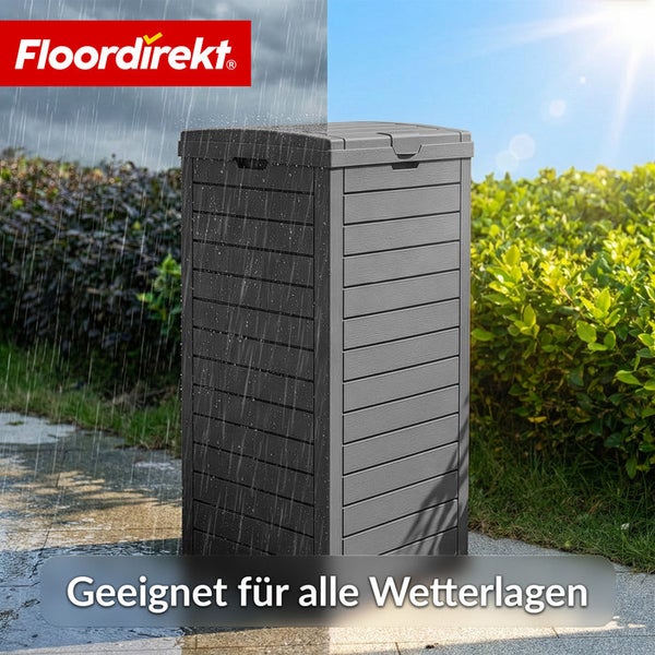 Abbildung einer wetterfesten Aufbewahrungsbox im Aussenbereich mit Floor direkt Logo