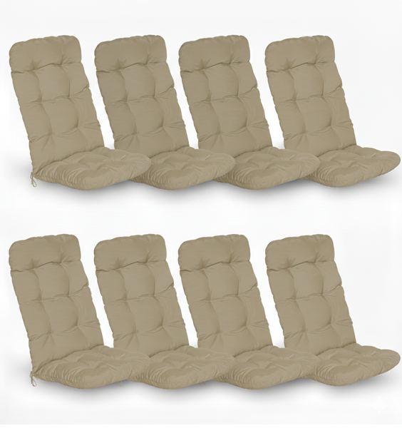 Set aus acht Hochlehner Auflagen für Gartenstühle mit Knopfsteppung