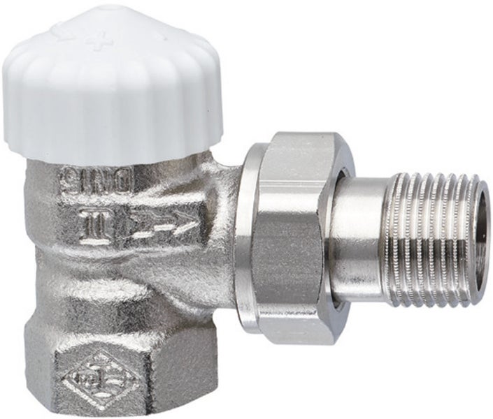 Heizkörper-Eckventil aus vernickeltem Metall mit weißer Bauschutzkappe.