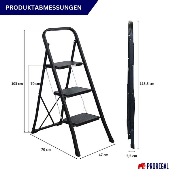 Proregal 3-Stufen-Klappleiter Abmessungen: Höhe 103 Zentimeter, Breite 47 Zentimeter, Tiefe 70 Zentimeter. Klapphöhe 115,5 Zentimeter. Proregal Logo.
