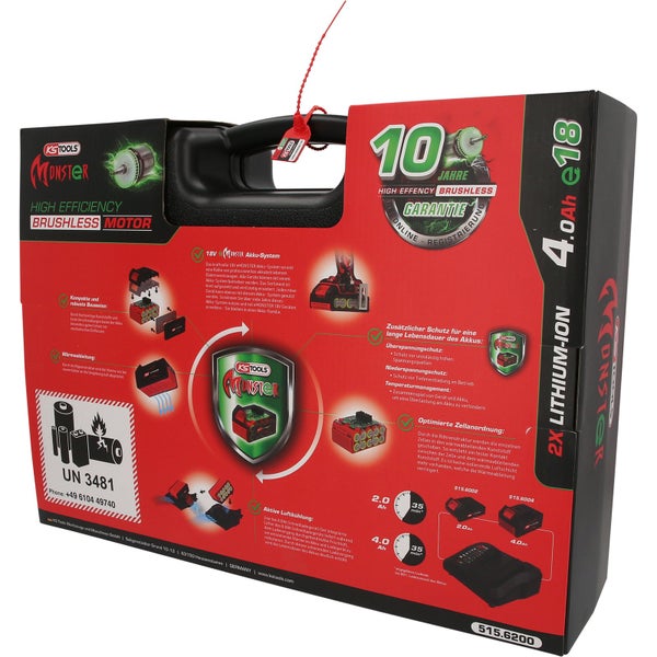KS Tools Monster Werkzeug-Verpackung mit bürstenlosem Motor, zwei 18 Volt 4,0 Amperestunden Lithium-Ionen-Akkus und zehn Jahren Garantie.
